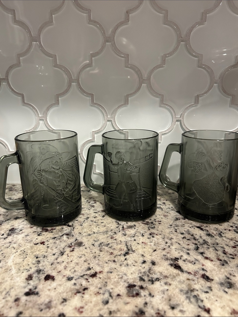 McDonald's Smoky Gray Embossed Glass Mugs - Set of 3
